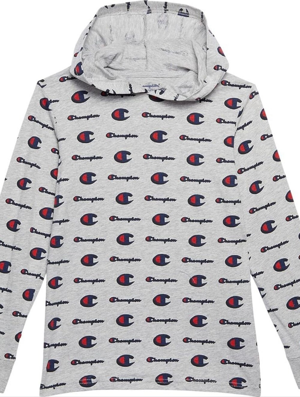 Champion Grey Hoodie with Red & Navy Logo Allover Print
